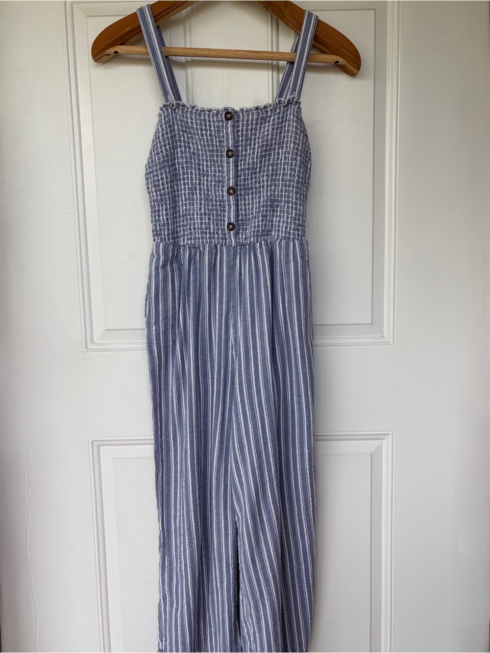 •Hollister• Blue/White Striped Smocked Wide Leg Jumpsuit - Size Medium